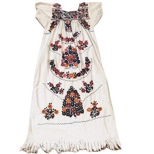 👗🌿 VINTAGE 1970s Mexican Peasant Maxi Dress | White Fringe Floral Embroidered